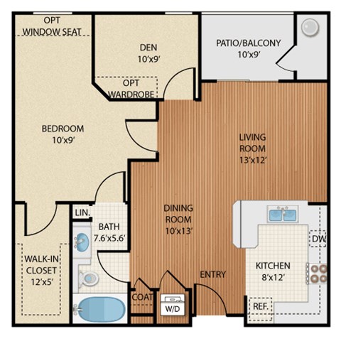 Floor plan for 1 bed, 1 bath, 941 sqft
